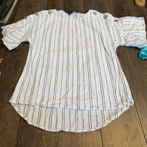 Striped Button-Shoulder Short Sleeve Top - White & Navy